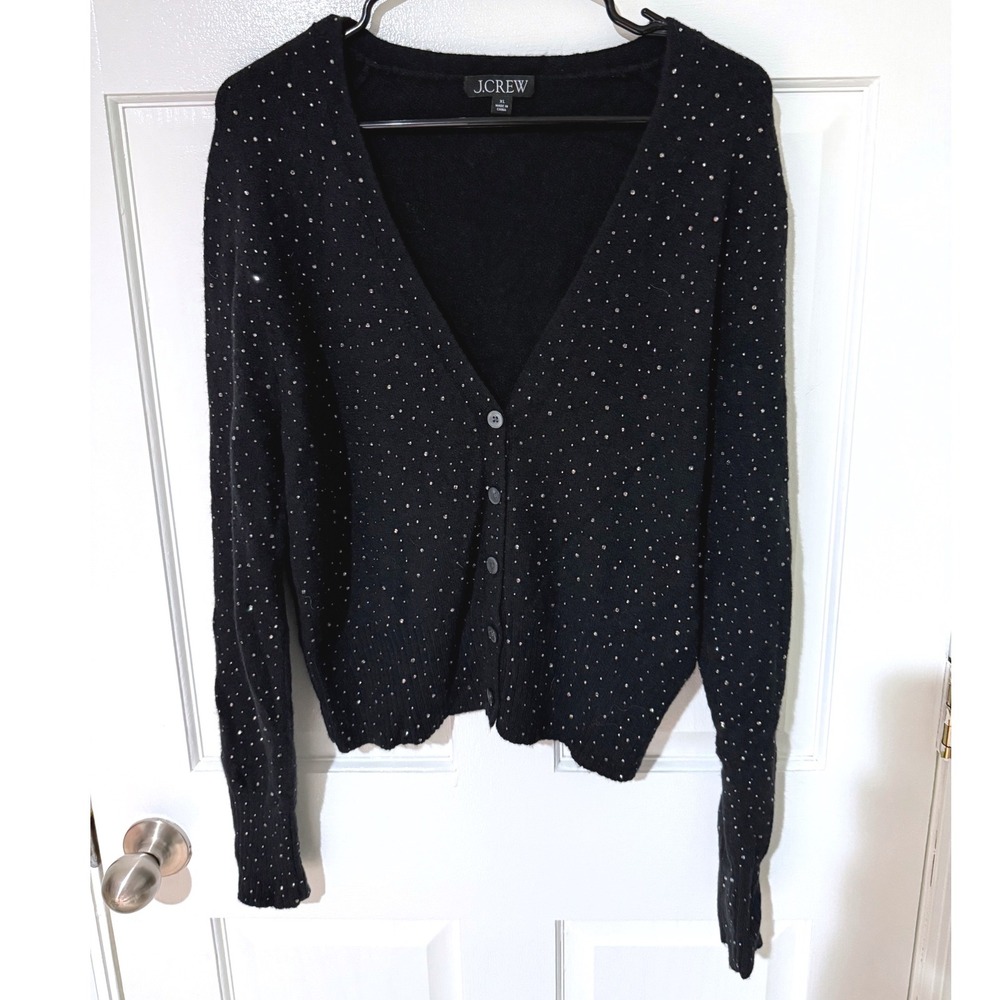 J.Crew Womens XL Black Rhinestone Embellished V-Neck Cardigan Wool